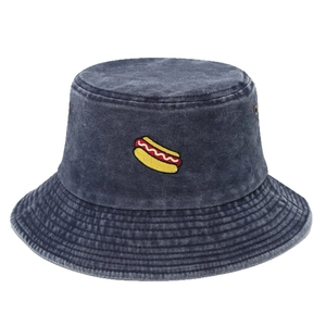 Ξεθωριασμένο γκρι καπέλο bucket με κέντημα hot dog και μεταλλικές οπές αερισμού