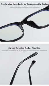 Detail view of the integrated nose pads and streamlined curved temples for black TR90 frames