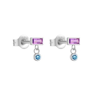 925 silver earrings featuring rectangular purple stones and round blue pendants