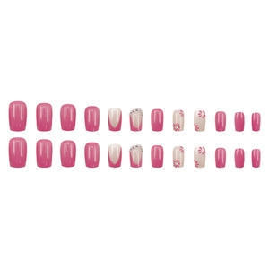 French rose pink square press-on nails with floral patterns and purple rhinestones