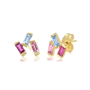 Detail of S925 sterling silver stud earrings with multi-colored rectangular gemstones