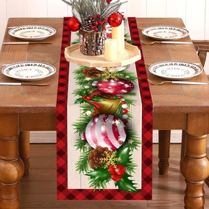 Christmas Table Runner Polyester Bell Ball Clock Pattern Red Black Plaid Border Holiday Dining Room Party Decoration