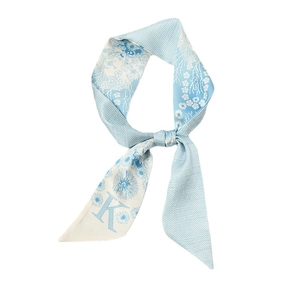 Floral silk-like skinny scarf with blue letter K print, tied in a stylish bow knot