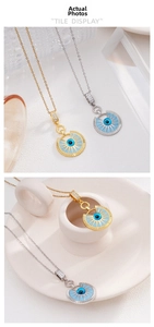 Détail des pendentifs œil maléfique en or et argent avec des zircons bleus brillants