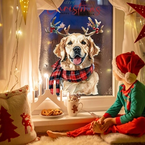 Golden Retriever window sticker with reindeer horns and Merry Christmas text decor