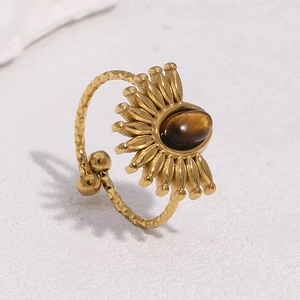 18k gold plated stainless steel ring with oval tiger eye stone in sunburst design