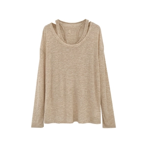 Women's oatmeal two-piece sun protection set with long sleeve knit shirt and halter vest