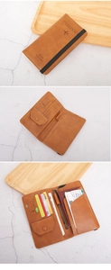 Detailed views of brown travel wallet showing RFID interior, card slots, and passport space