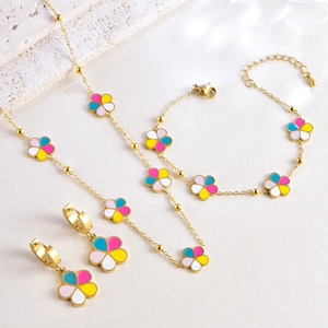 Collier Boucles d'Oreilles Bracelet en Acier Titane pour Femmes Fleurs en Émail Coloré Plaqué Or Bijoux d'Été Chic