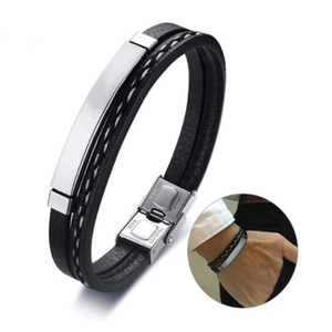 Adjustable double-layer black woven leather bracelet with stainless steel clasp