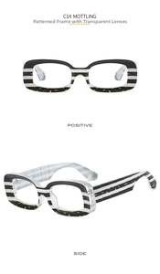 Detail view of bold square glasses frame with C14 black white stripes and orange spots