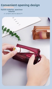 Detail view of mesh storage bags in burgundy and brown colors for small cosmetics