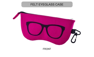 Detailed front view of rose red felt eyeglass case with black frame print and hook