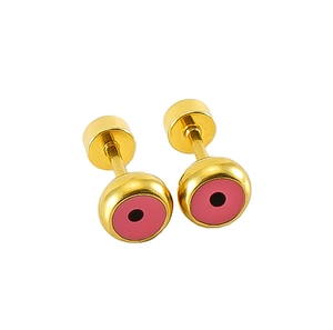 Détail de boucles d'oreilles en acier inoxydable plaqué or 18k avec émail rose Evil Eye