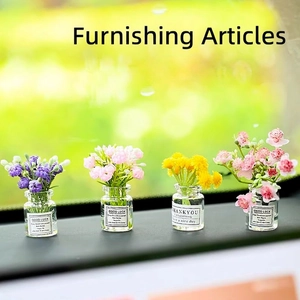 Set of four luminous artificial flower mini glass vases for car and home tabletop decor
