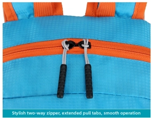 Detail of durable two-way orange metal zippers and non-slip pulls on a blue backpack