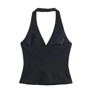 Elegant black halter-neck V-neck vest with double-breasted buttons and slim fit tailoring