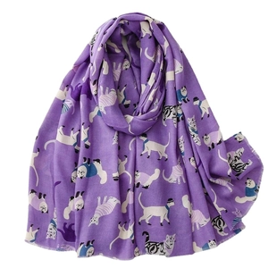 Purple scarf with cartoon cat patterns and fringed edges, soft cotton linen texture