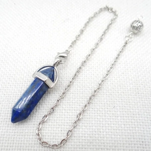 Blue hexagonal lapis lazuli crystal pillar pendant with silver link chain necklace