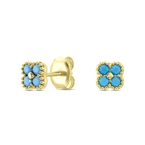 Macro detail of turquoise four-leaf clover stud earrings with golden beaded edging
