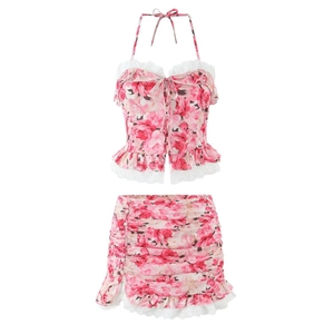 Halter Crop Top En Geplooide Minirok Bloemenprint Kant Trim Zoete Vintage Stijl Vrouwen Zomer Outfits