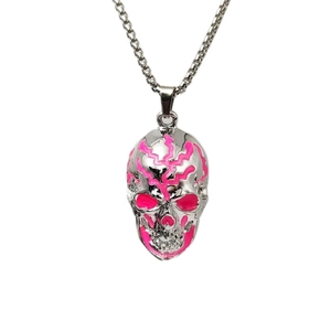 Luminous hip hop skull pendant necklace with pink enamel cracks on silver box chain