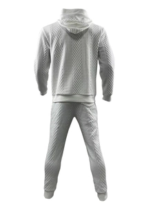 Rear view of white men's hooded tracksuit with textured diamond pattern fabric details