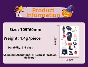 Detailed Halloween temporary tattoo specs showing 105x60mm size and 3-5 day durability