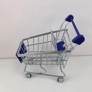 Side view of mini silver metal shopping cart toy with dark blue plastic details