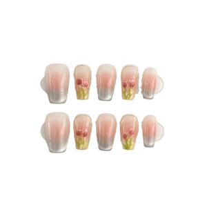 Handmade tulip cat-eye press-on nails with pink blush gradient and 3D floral accents