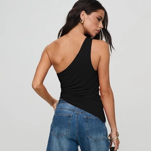Back view of black one-shoulder slim fit top showing seamless fit and tailoring details