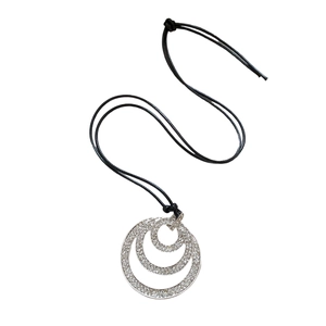 Multi-layer geometric circle pendant necklace with sparkling rhinestones on black cord
