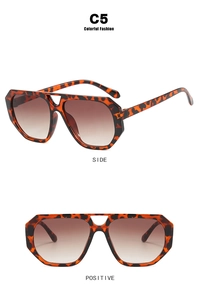 Front and 45-degree side views of tortoiseshell oversized geometric aviator sunglasses