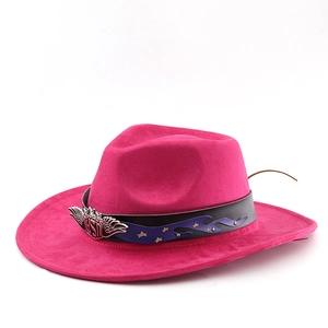 Hot pink suede western cowboy hat with blue flame band and silver winged buckle