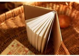 Close-up of small A7 illustrated notebook showing thick blank pages in a basket