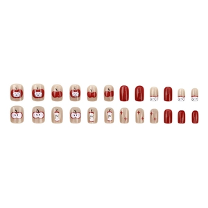 Cute cat and apple press-on nails set with red and beige glossy cartoon designs