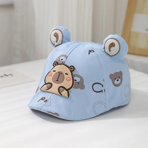 Detail of baby bear beret hat featuring light blue cotton fabric and 3D bear ears