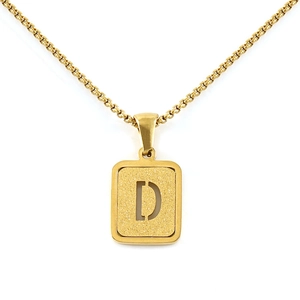 Detail of square gold 18K titanium pendant with matte finish and hollow D letter