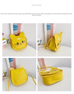 Detail shots of yellow cartoon cat crossbody bag showing front, back and side views