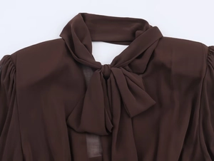 Dettaglio dell'elegante scollatura con fiocco marrone scuro e tessuto in chiffon del vestito