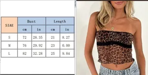 Size chart for leopard print tube top showing bust and length measurements in cm and inches