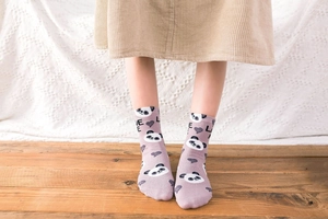 Detail of light purple mid-calf cotton sock with cartoon panda and LOVE heart pattern