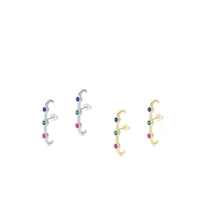 Elegant 925 Sterling Silver Earring Post With Colorful Cubic Zirconia C Shaped Triple Stone Niche Jewelry For Women