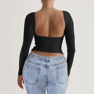 Slim fit black Y2K long sleeve knit top featuring a stylish backless design and round neck