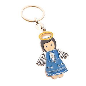 Colorful metal enamel angel keychain with blue robe and golden halo for bags and keys