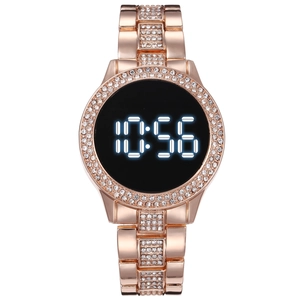 Waterproof rose gold digital LED watch with dual-row rhinestones for men and women