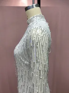 Detalle de vestido plateado con lentejuelas y flecos, cuello alto y mangas largas