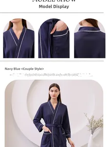 Detail of navy blue waffle robe showing collar, pocket texture and waist belt detail