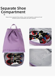 Detail of the purple oxford backpack showing dedicated waterproof bottom shoe compartment