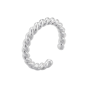 Close-up of minimalist adjustable ring with polished silver twisted rope texture design